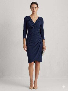 Lauren Ralph Lauren Navy Faux Wrap Midi  Stretch V-Neck Dress Woman's Size 18